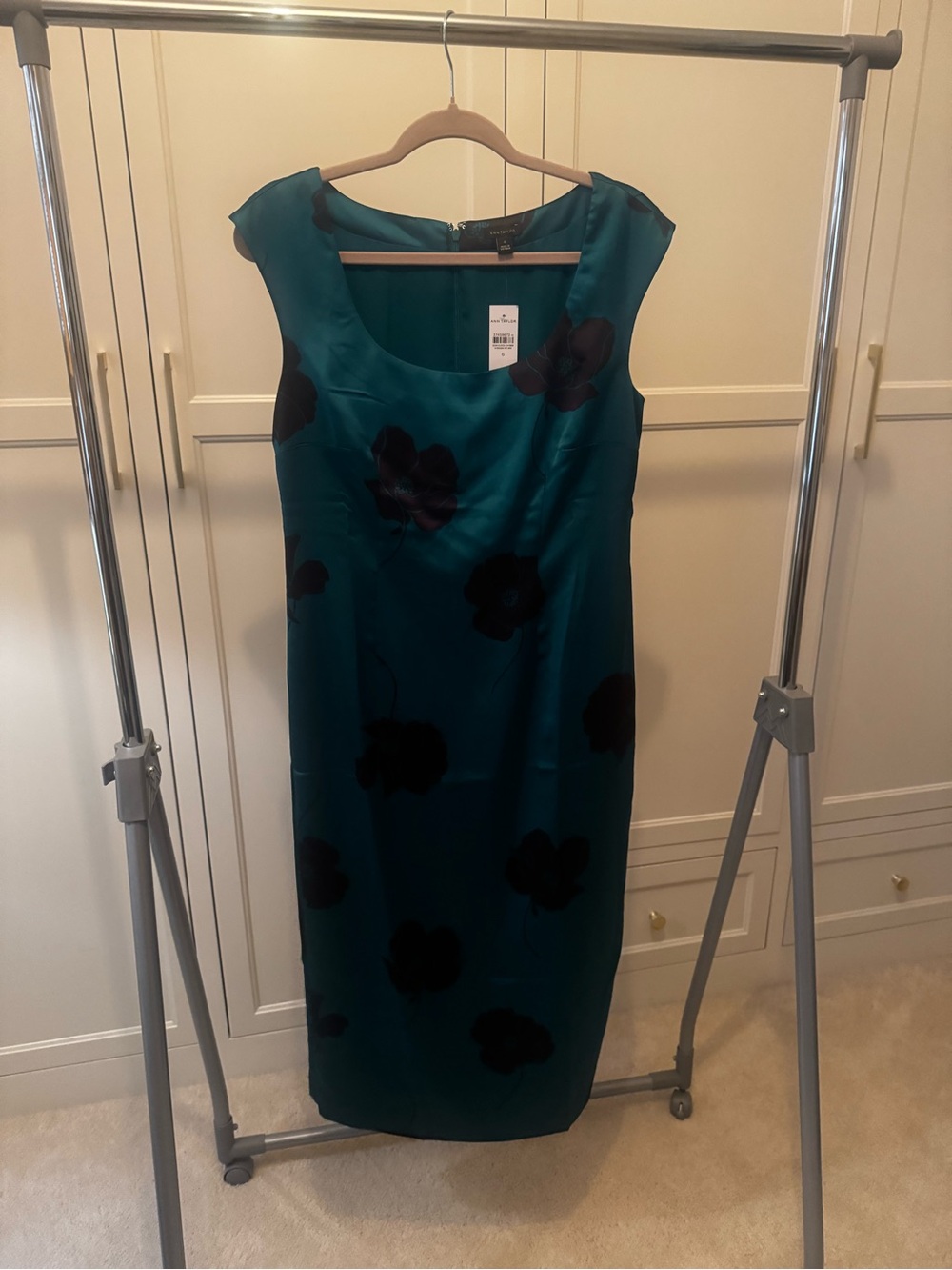 Ann Taylor Teal Midi Dress with Black Floral Accents